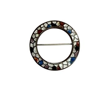 Vintage Guilloche enamel Brooch Pin Circle Wreath C clasp art deco